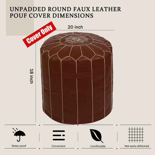 Unstuffed Round Faux Leather Pouf Cover, Multipurpose Ottoman, 19.5”x17.5” Elegant Storage Footrest DIY Bean Bag Chair,Versatile Home Accessory